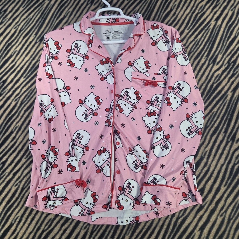 Hello Kitty Sanrio Snowman Pajama Top Pink Button Down Sleep Shirt Large